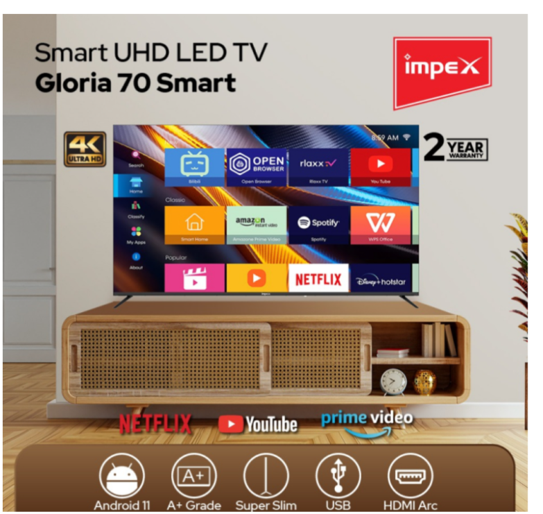 شاشة امبيكس جلوريا 70 بوصة سمارت 4K اندرويد 14   70SMART TV UHD